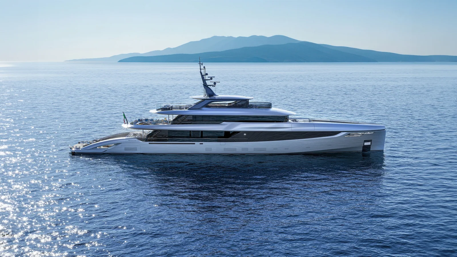 Rendering Baglietto Project53 pokazujący profil aluminiowego superjachtu poniżej 500 GT