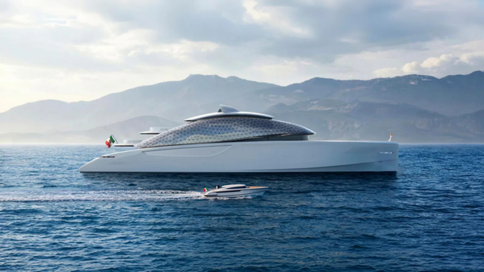 Rendering projektu Benetti Clear Waves z dużą szklaną kopułą wellness