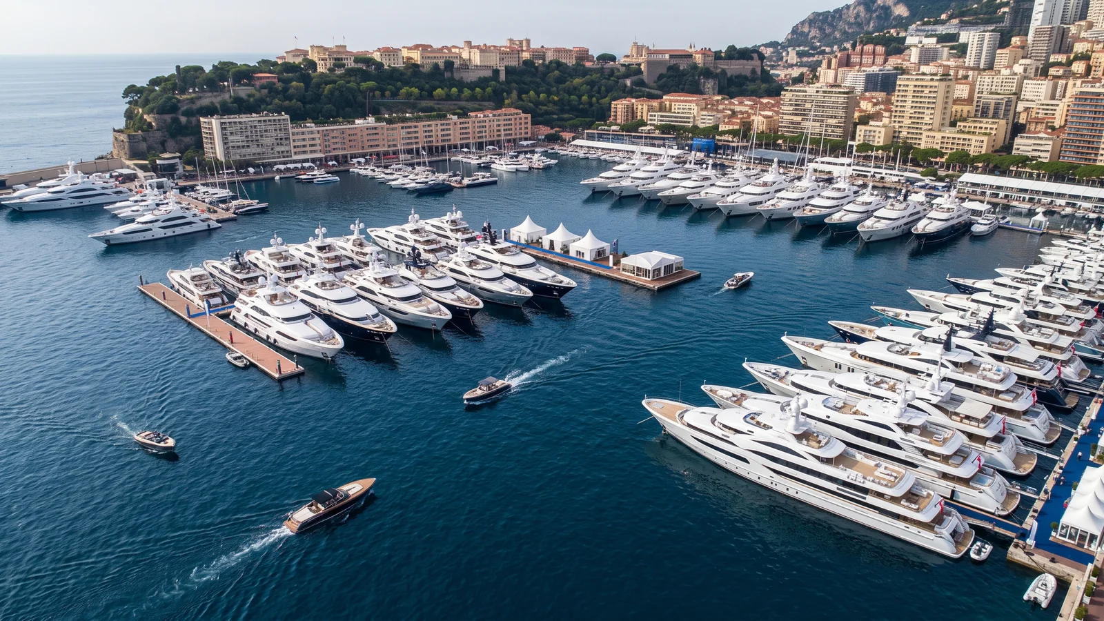 Widok z lotu ptaka na ekspozycję superjachtów w porcie podczas Monaco Yacht Show — ilustracja AI